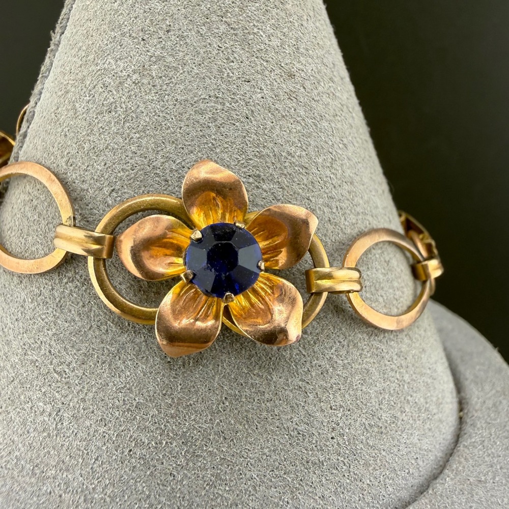 Vintage Van Dell Bracelet Gold Filled Blue Stone Floral Link 7 READ